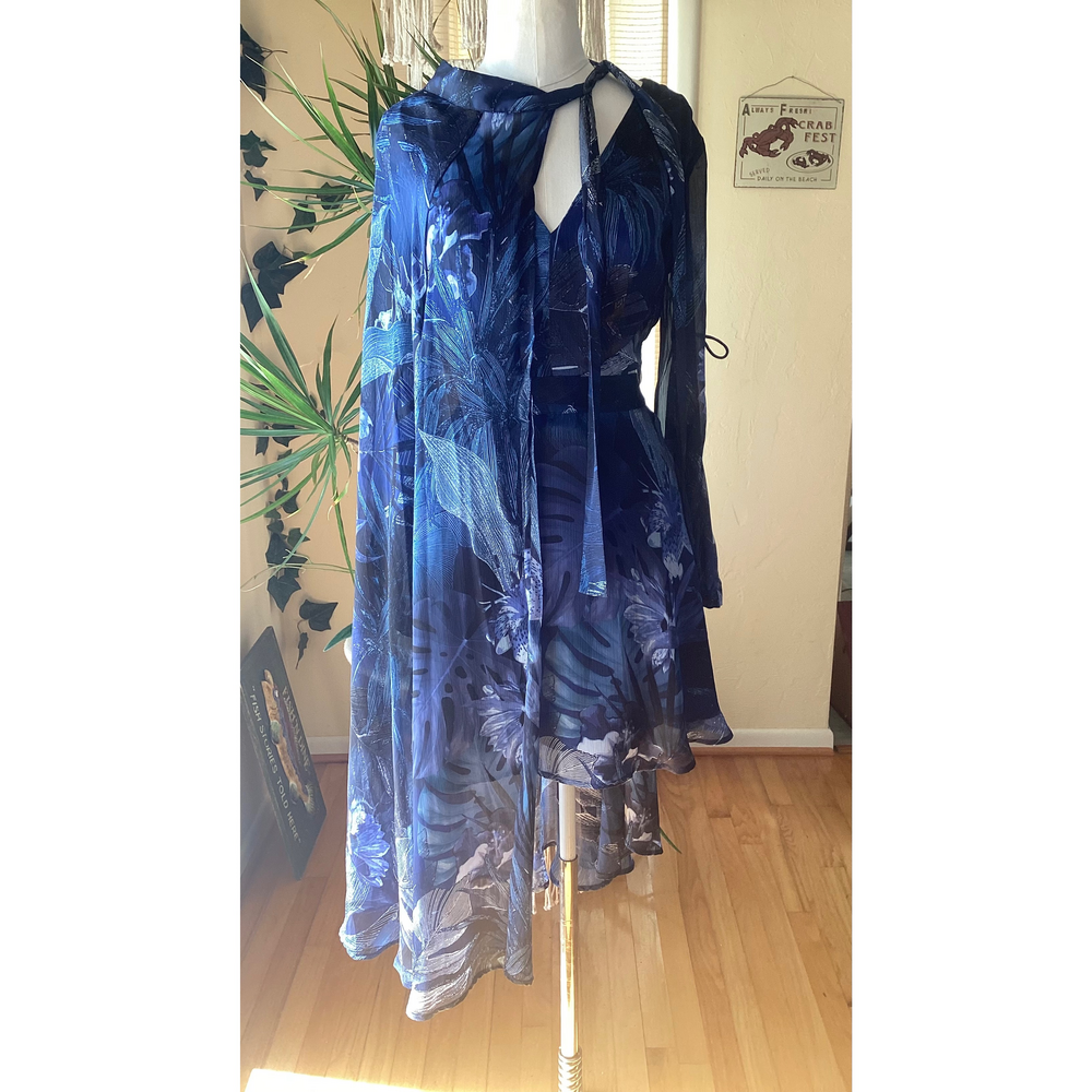 Guess Farrah long sleeve Chiffon High-Low Dress XS in Blue - Picture 2 of 6